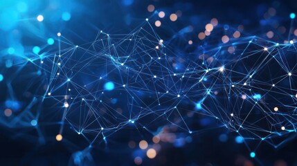 Abstract Digital Network Structure With Blue And Gold Lights Over Dark Background