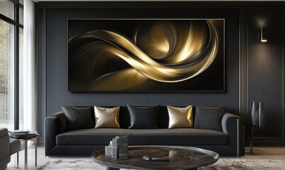 Wall Mural - dramatic black and gold abstract artwork with swirling patterns, softly illuminated to create a luxu