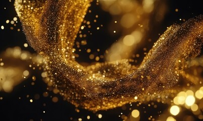 Wall Mural - elegant golden glitter particles swirling dynamically against a black background, creating a festive