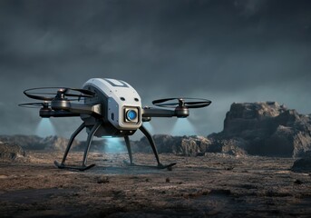 Poster - A futuristic drone exploring an unknown planet, scanning the rocky terrain