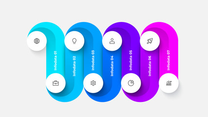 Fototapete - Colorful seven section infographic design featuring gradient flow elements with icons denoting various business concepts. Perfect for presentations or visualizing processes, strategies, or progress