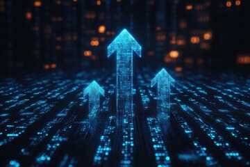 Low Angle Digital Arrows Pointing Upward on Tech Surface, Concept of Growth, Success, Future, Innovation, Data Flow, Connectivity, Technology, Business, AI, Cyber, Coding, Neon.