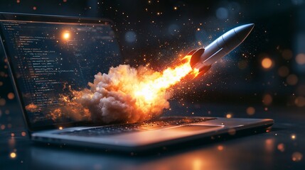 Rocket blasting from laptop screen, surrounded by digital particles & bokeh effect