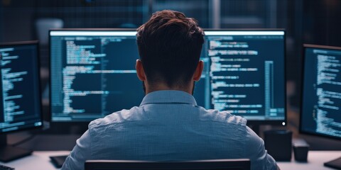 Startup innovation scaling concept. Focused programmer working at multiple screens with code displayed.