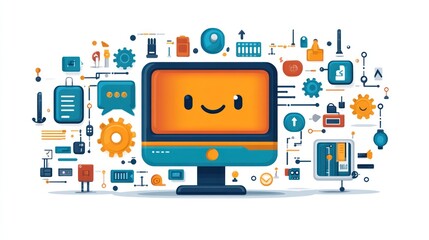 Animated computer surrounded by interconnected system icons