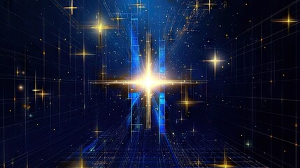 Wall Mural - bright blue digital texture with randomly placed tiny squares and glowing crosses
