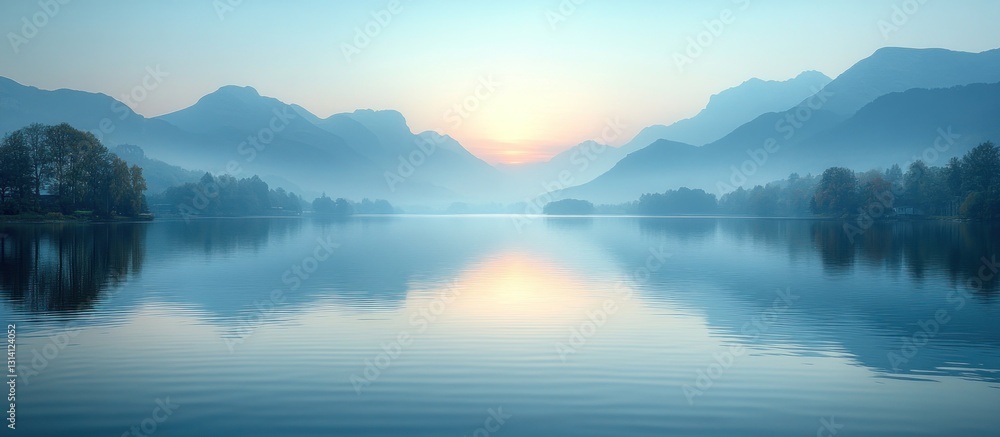 Misty Sunrise Lake Reflections Mountains Stock Illustration | Adobe Stock