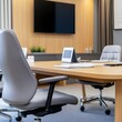 © MILKY_PS - Within the tranquil confines of a modern boardroom, corporate essence finds expression through the muted palette and minimalist design Polished wood surfaces gleam softly under the ambient light
