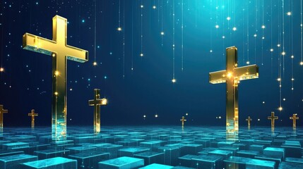Wall Mural - elegant blue gradient backdrop decorated with scattered small squares and glowing crosses