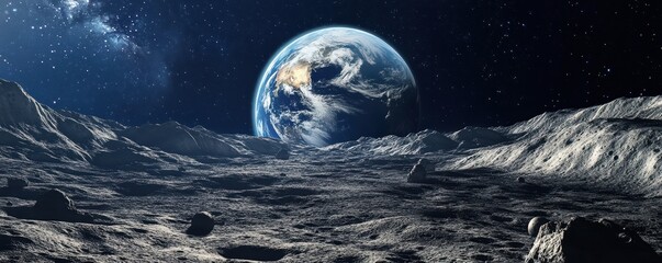 A breathtaking aerial view of a distant planet as seen from the moon's surface, showcasing a vibrant blue sky dotted with wispy clouds, creating a stunning cosmic landscape.