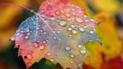 Wall Mural - Close up of dew drops on an autumn leaf.