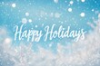 © HO - Minimalist winter greeting, thin white 'Happy Holidays' script overlaying a softly blurred abstract snowy background