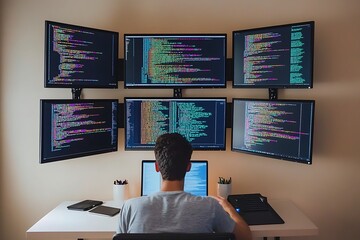 Wall Mural - multi-monitor coding setup - immersive development environment