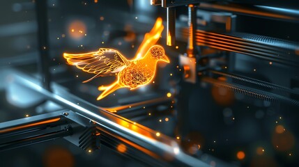 Wall Mural - 3d rendering of an orange digital bird flying above a futuristic machine.