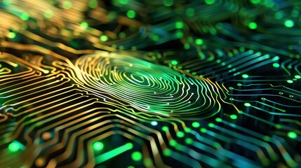 Wall Mural - a digital rendering of a fingerprint on a circuit board, symbolizing biometric security and digital 