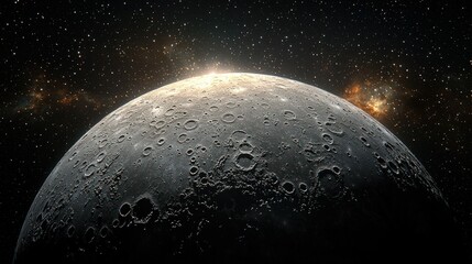 Wall Mural - Sun rising over cratered planet surface in space.