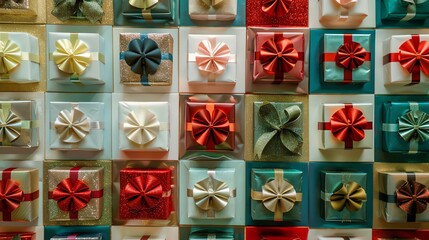 Wall Mural - a grid of beautifully wrapped gifts in assorted colors.