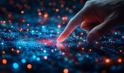 a hand touching a digital surface with glowing particles.