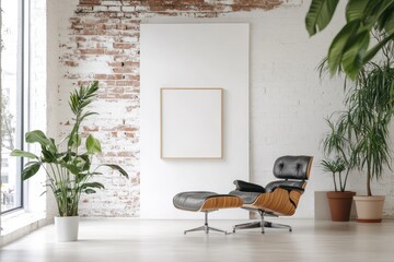Poster - Modern interior design featuring a sleek chair and minimalist decor in a bright room with plants