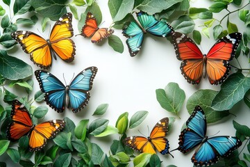 Poster - Colorful butterflies arranged in a heart shape among green leaves in natural lighting