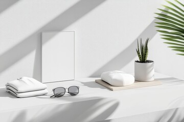 Poster - Minimalist tabletop arrangement featuring plant, sunglasses, and white objects bathed in natural light