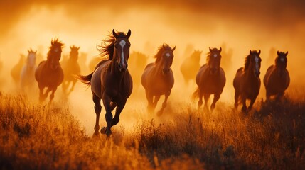 Wall Mural - herd of wild horses running on dusty plains at sunset