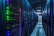 © moo - Data center servers row with blinking led lights, information technology and data storage for website, cloud, server room, futuristic, modern, data transfer concept