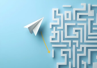 paper airplane flying towards exit of abstract maze on soft blue background symbolizing creativity a