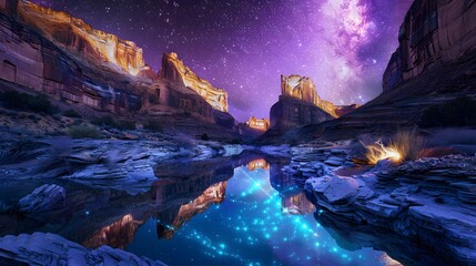 Aufkleber - A dreamlike canyon where glowing rock walls and radiant rivers guide explorers under cosmic light