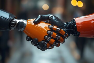 Poster - Two robot hands shaking in a sign of agreement and cooperation