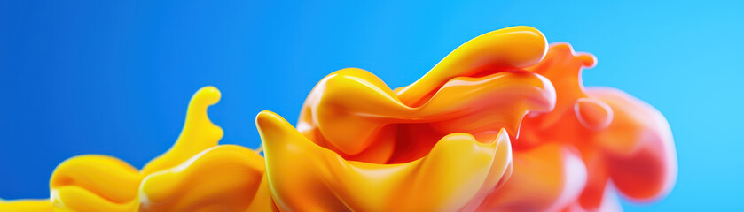 Wall Mural - Vibrant orange and yellow fluid shapes blend seamlessly against blue background, creating dynamic and artistic visual