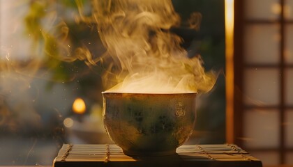 Aufkleber - Close-up of glowing steam rising from a handcrafted ceramic teacup illuminated by morning light, cinematic cozy charm