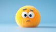 © NUR - Fuzzy orange ball with sad expression, googly eyes on a pastel blue background