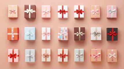 Wall Mural - flat lay of many gift boxes with different colored ribbons and wrapping paper on a pink background.