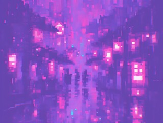 abstract digital city landscape with glowing pixels and vibrant purple hues.