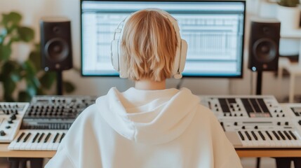 Wall Mural - Creative individual working at a computer, young woman with short hair, casual outfit, music production setup, copy-space available.