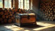 © Angel Pic - A weathered wooden chest sits on a sunlit floor, nestled amongst stacks of firewood by a large window in a rustic setting.