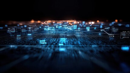 Abstract Digital Data Network With Glowing Blue Circuitry and Information Overlays on Dark Background