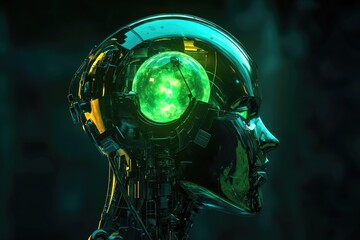 a metallic robotic head with a glowing green core, showcasing advanced ai technology.