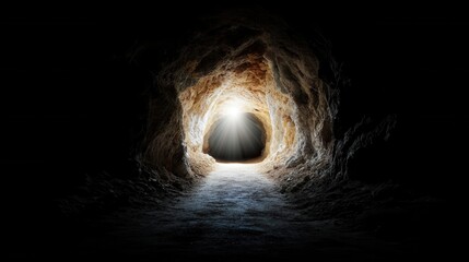 Poster - A dark cave with a light shining through it