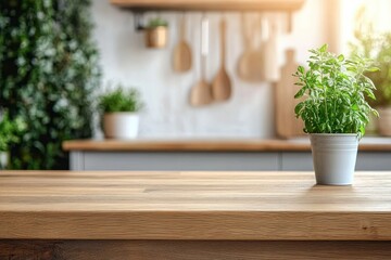 Wall Mural - Minimalist Scandinavian kitchen interior with wooden countertop and blurred background for product display