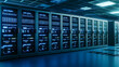 © julio - Dark Blue Server Room With Bright Lights In A Modern Data Center For Cloud Computing And Data Storage