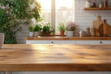 Wall Mural - Minimalist Wooden Kitchen Countertop with Soft Lighting and Blurred Rustic Interior