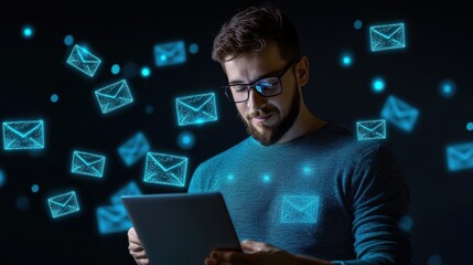 Poster - A man is using a laptop computer with a blue shirt on