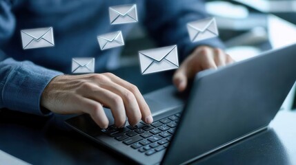Poster - A man is typing on a laptop with a lot of emails flying around him