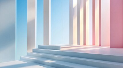 Poster - A white building with pink and blue walls and a blue sky