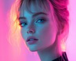 © mobile - Vibrant Futuristic Portrait of Beautiful Young Woman with Neon Lighting in Pink Background
