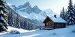 © haruki - Snowy valley, wooden cabin nestled in coniferous forest, rocky mountains , scenic, fir, frozen