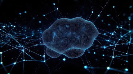 Abstract Digital Cloud Of Connected Data And Network Lines In Blue Color Over Black Background