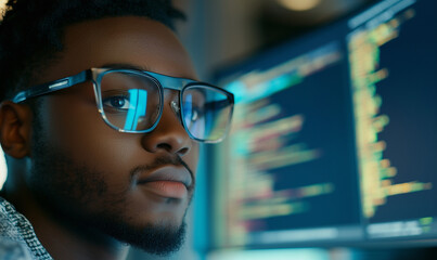 Computer screen reflected in the glasses of an IT specialist, generated ai
